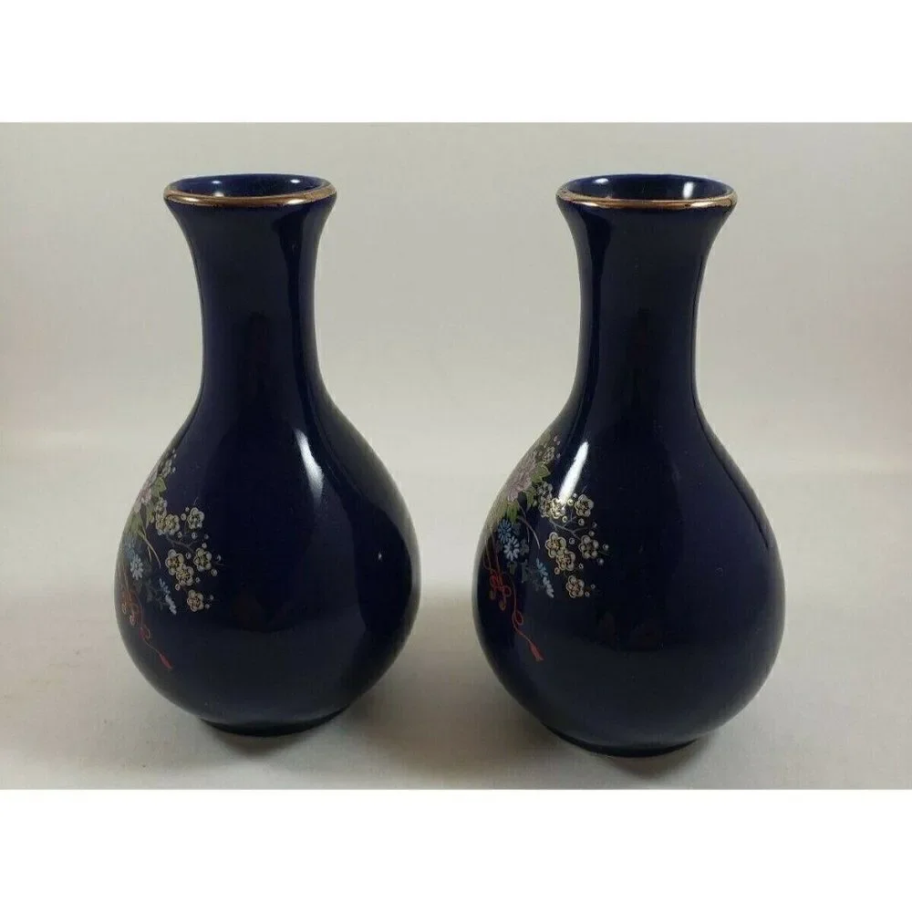 Vintage Set Kutani Japan Cobalt Blue Mini Floral Rickshaw Bud 5